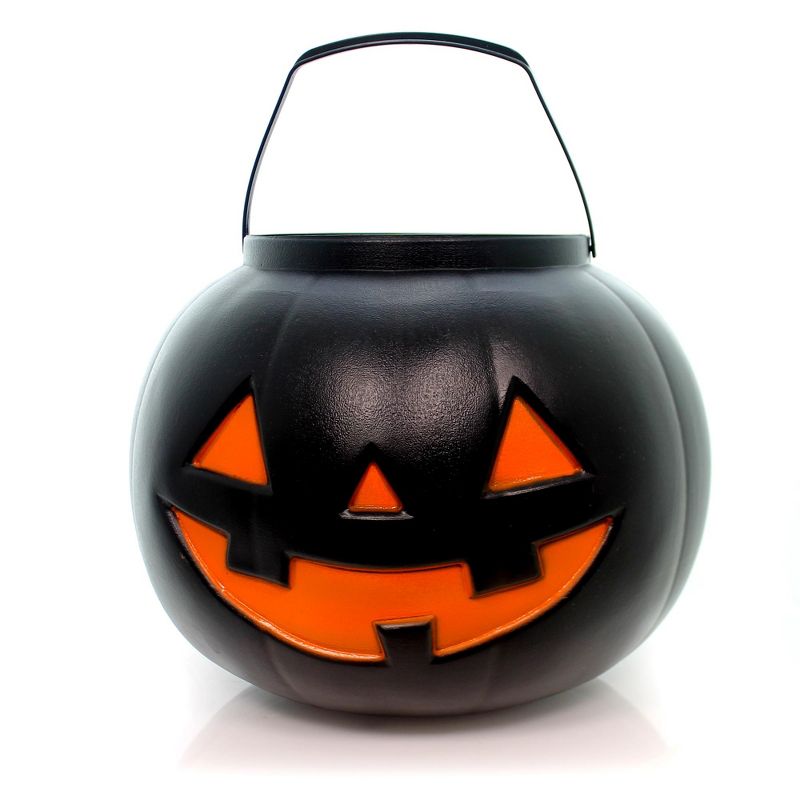 Halloween 12.25" Large Black Pumpkin Pail Orange Trick Treat  -  Decorative Holiday Scene Props