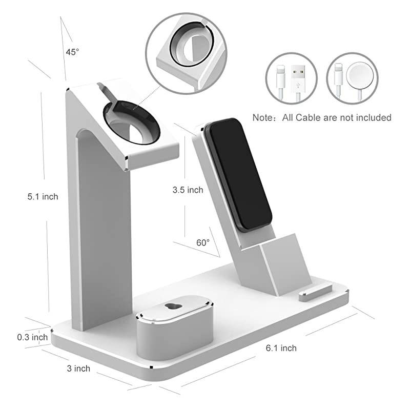 Phone Charging Dock Aluminum 4 in 1 AirPods Charging Stand Accessories Station Holder for Apple Watch 4 3 2 1 AirPods Phone Xs X Max XR 7 7plus 6s 6plus iPad Mini Silver