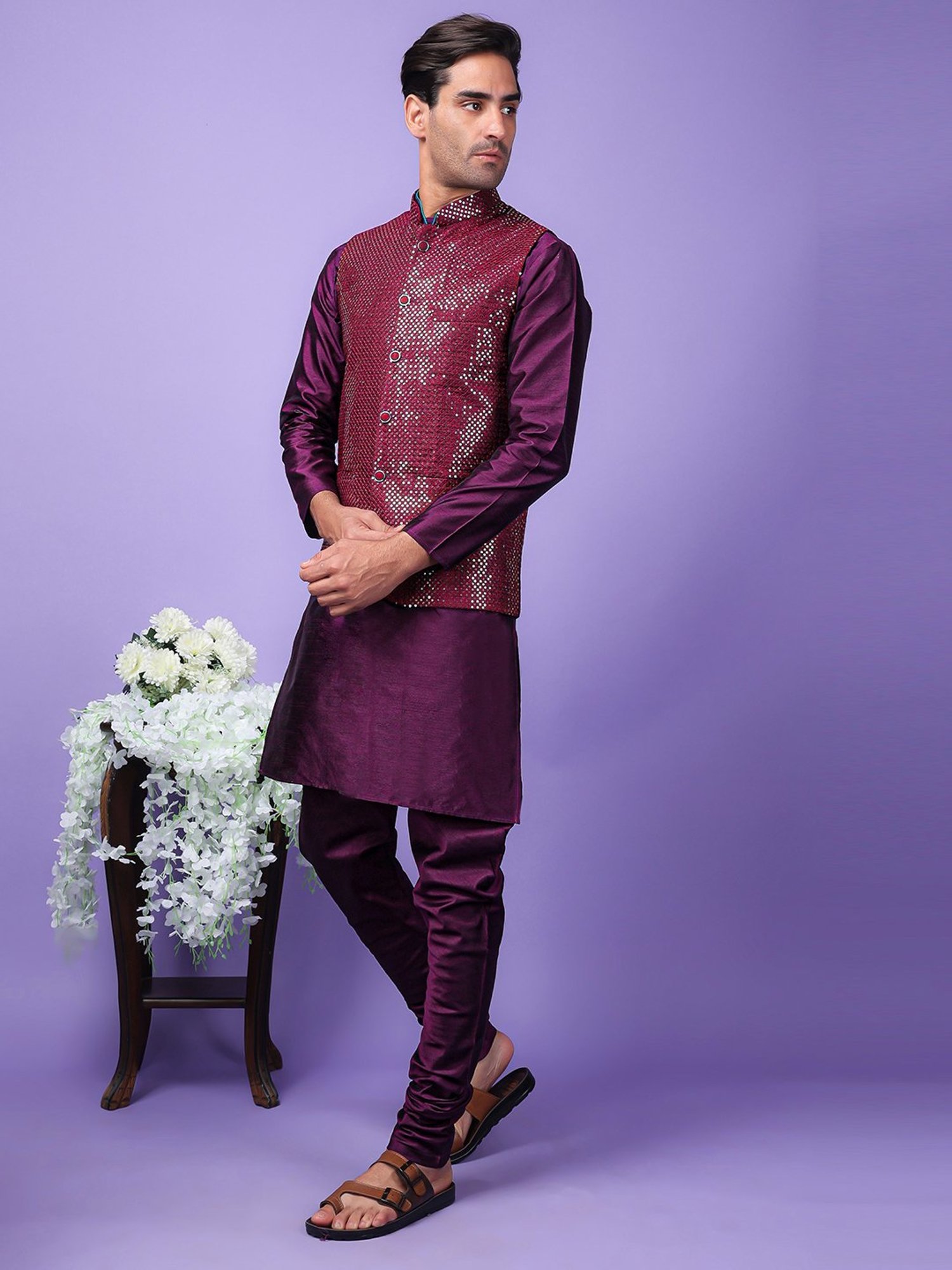 Hangup Purple Regular Fit Embroidered Kurta Set With Jacket