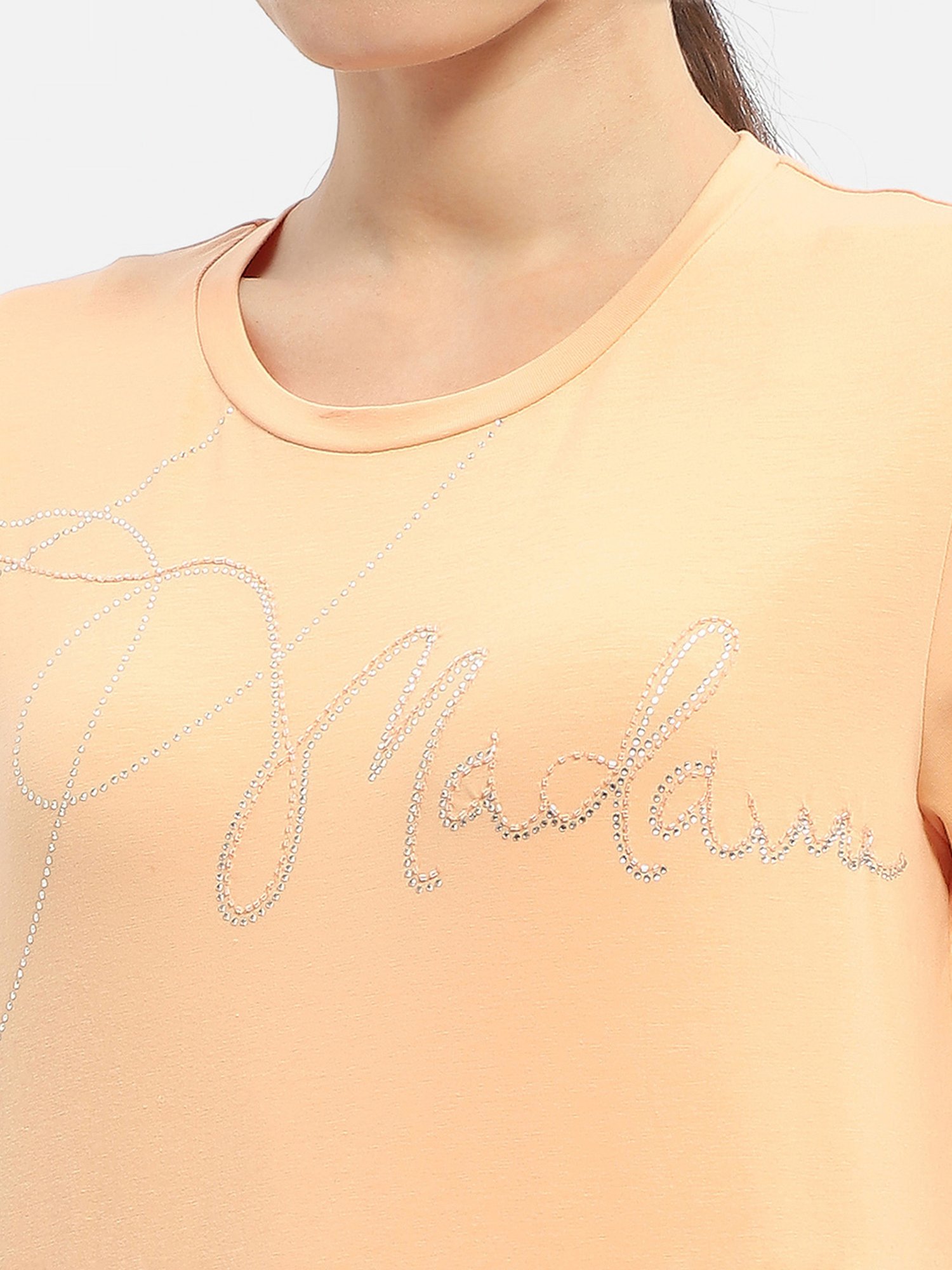 MADAME Peach Cotton Embellished T-Shirt