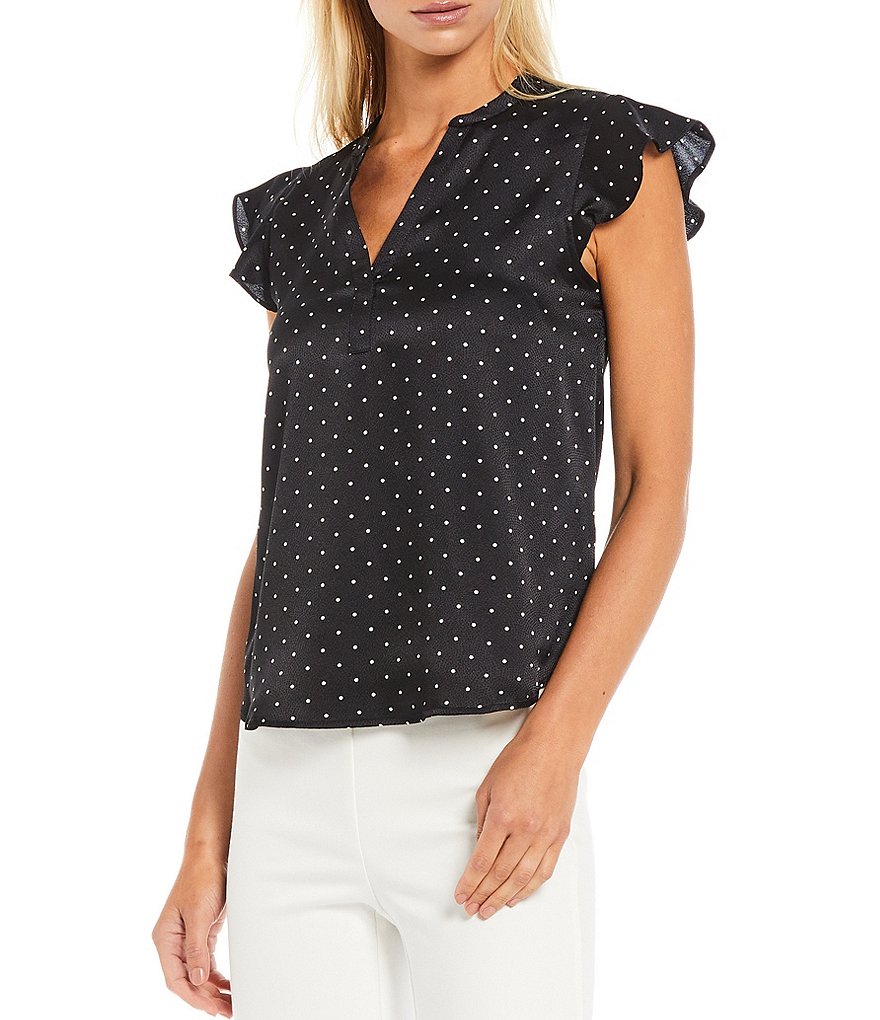 Calvin Klein Petite Size Polka Dot Crepe de Chine Band Split Neck Ruffle Cap Sleeve Blouse