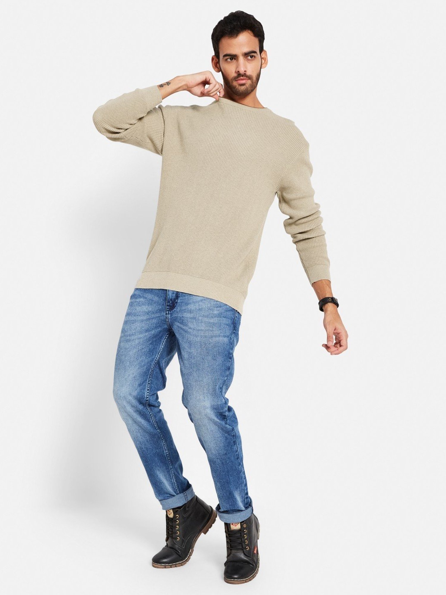METTLE Khaki Cotton Regular Fit Sweater