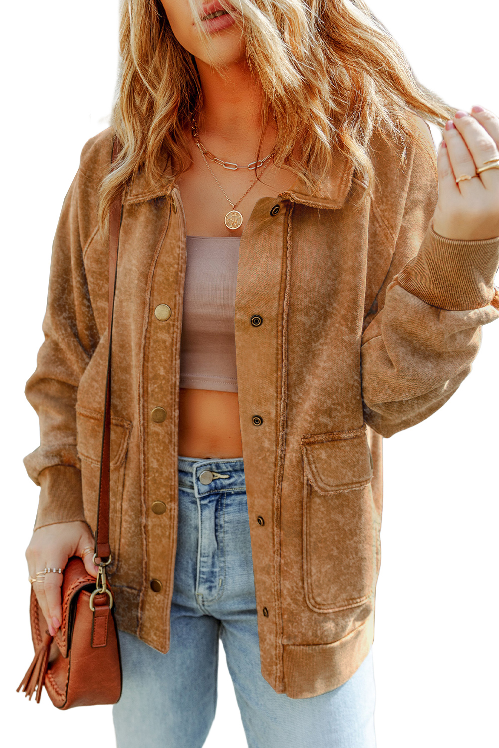 Khaki Snap Button Casual Jacket with Flap Pockets