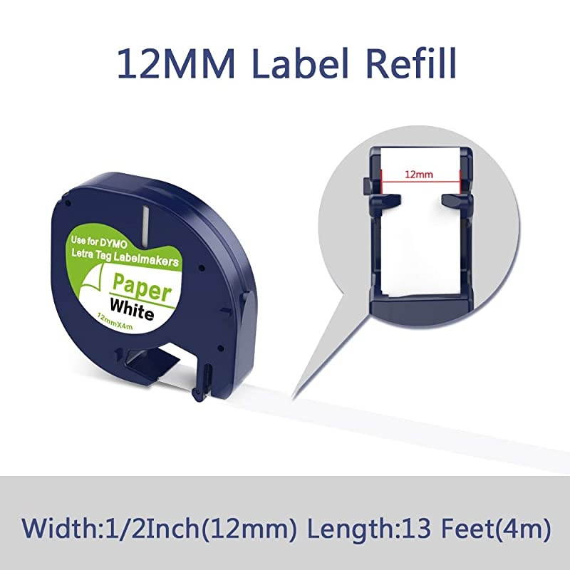 Compatible Label Tape Replace DYMO LetraTag Refills 91330 10697 SelfAdhesive Paper Label Tapefor DYMO LetraTag LT100H LT100T QX50 Label Maker Black on White 12 Inch x 13 feet 5 Pack