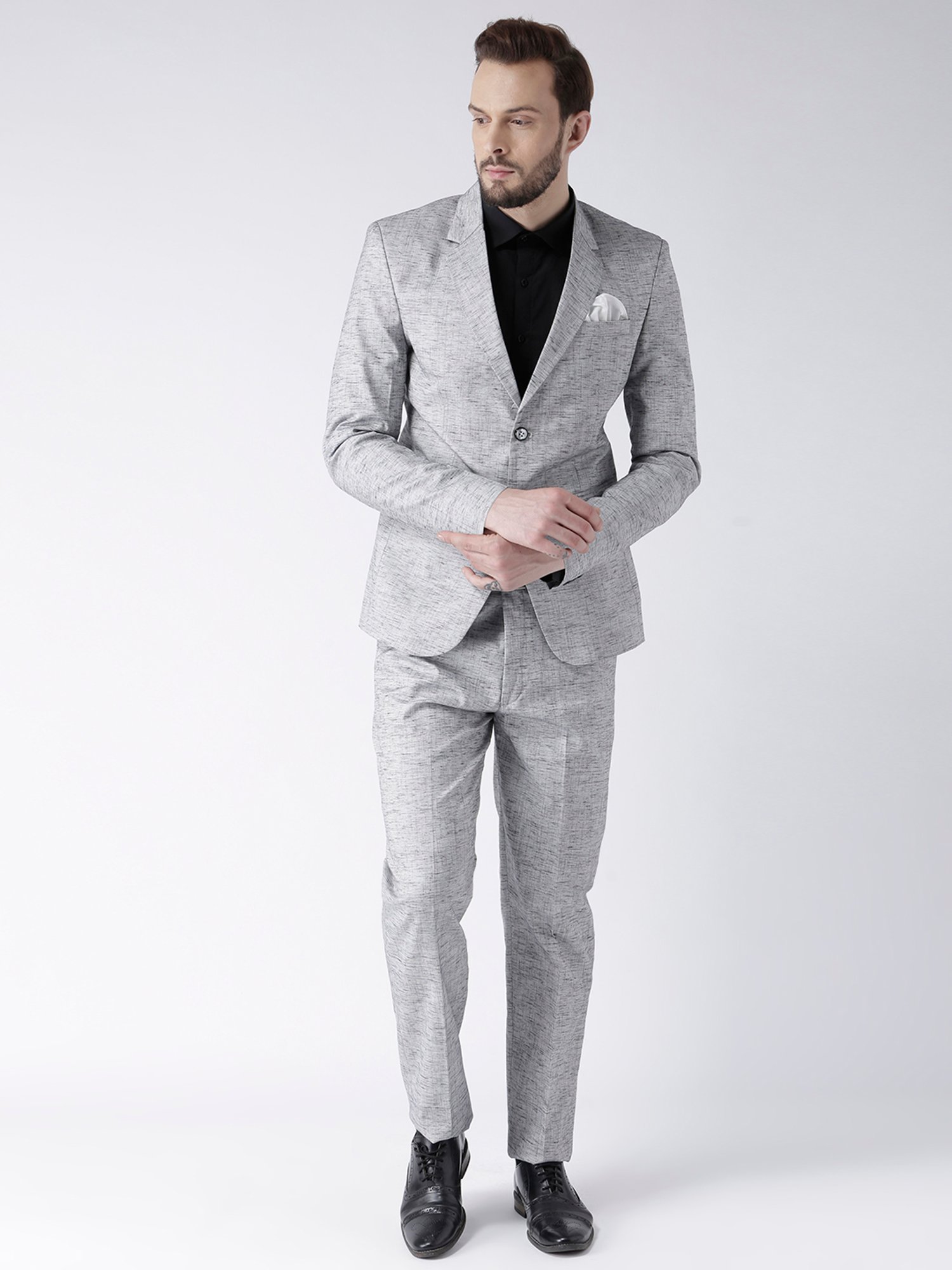 Hangup Plus Grey Melange Regular Fit Notch Lapel Linen Blazer