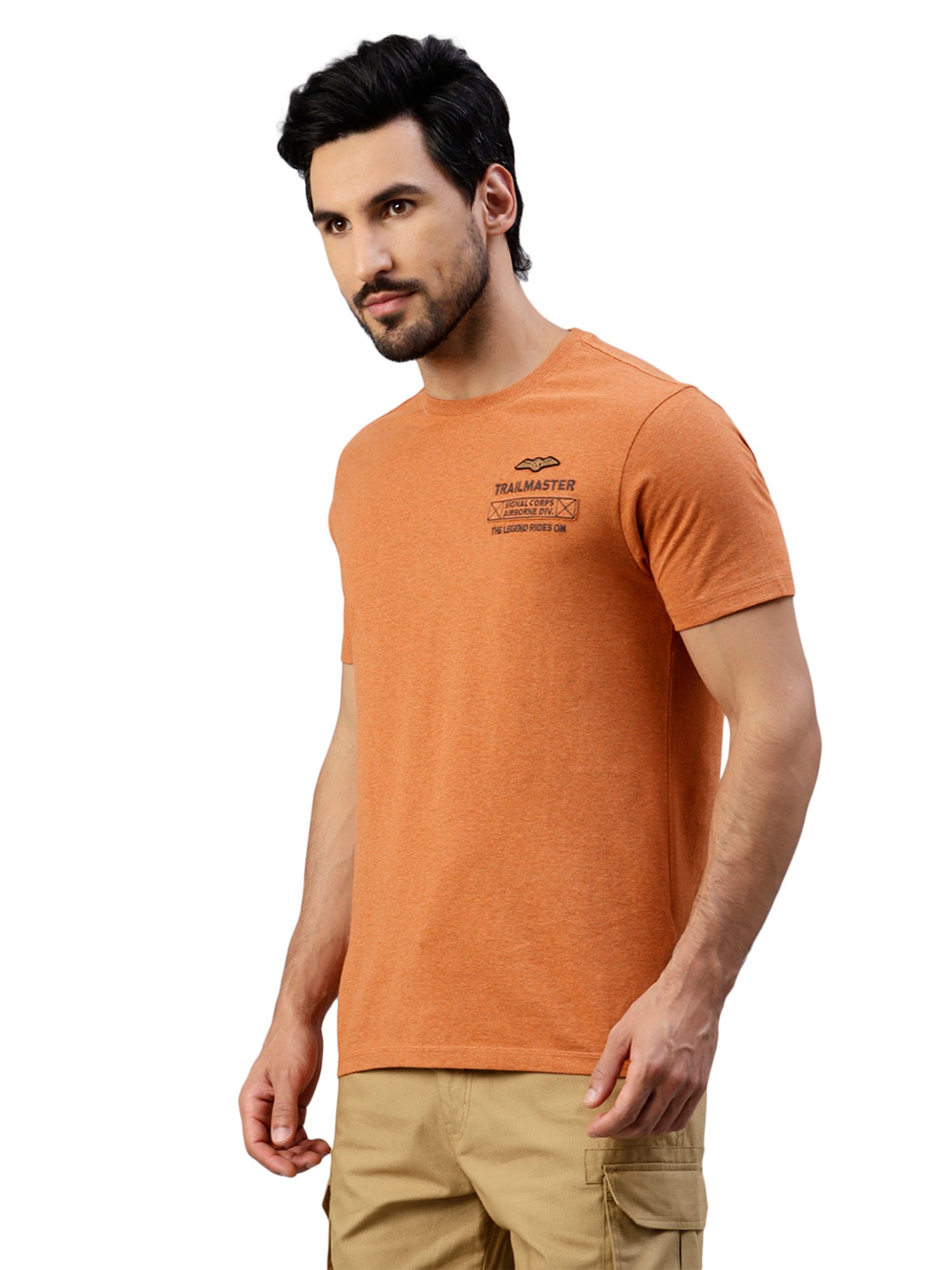 Royal Enfield Trail Master Orange Melange Regular Fit Printed Crew T-Shirt
