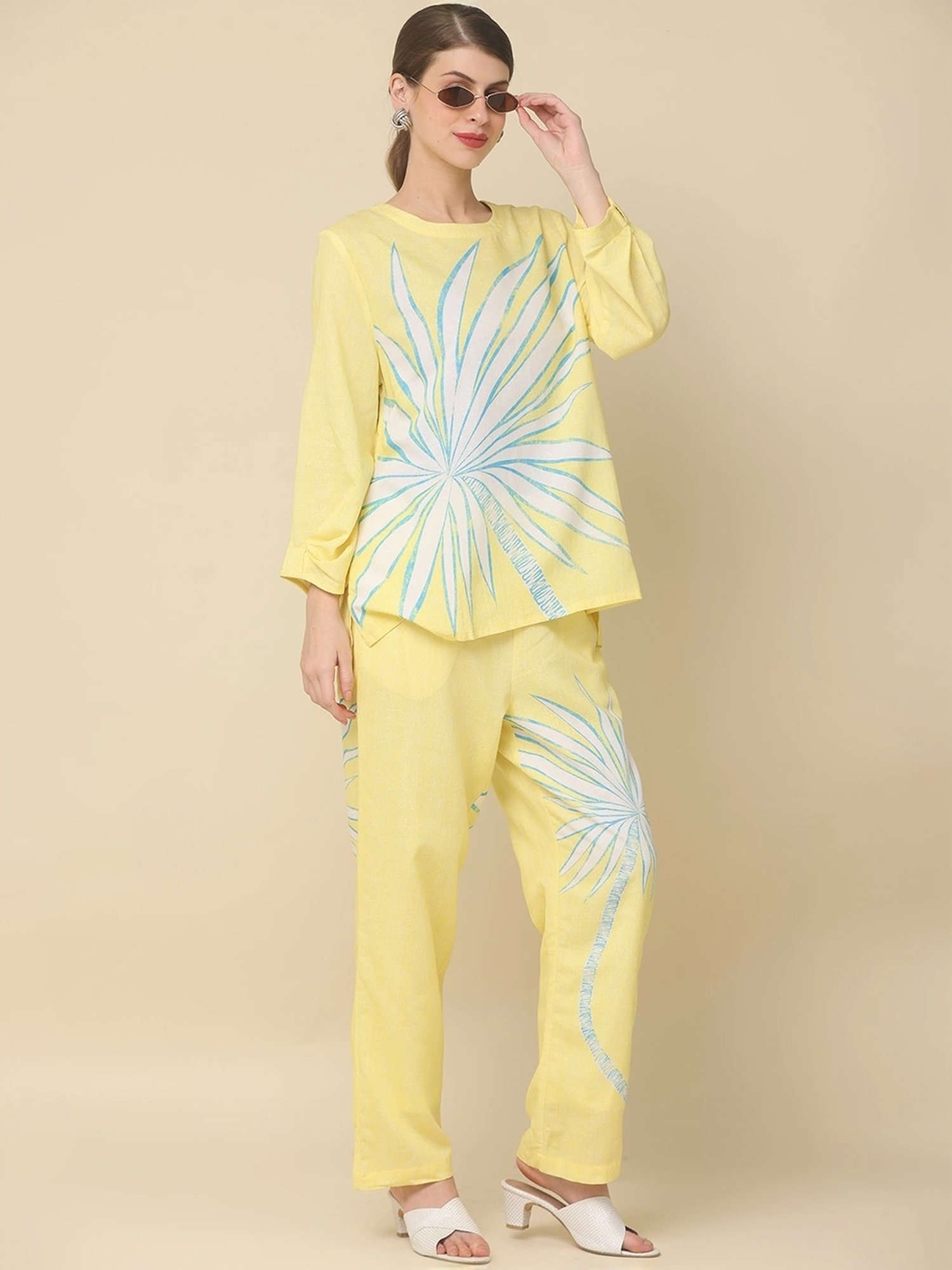 Zolo Label Yellow Cotton Printed Top Pant Set