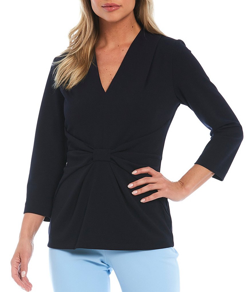 Preston & York Caroline Bow Woven V-Neck 3/4 Sleeve Blouse