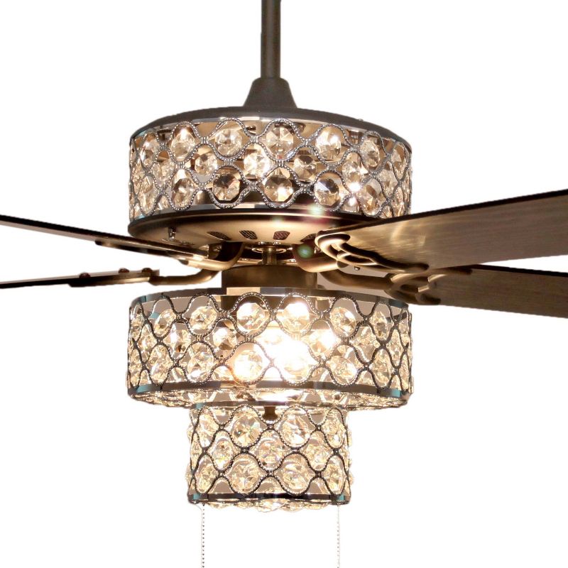 52" LED Metal Punched Triple Tiered Crystal Lighted Ceiling Fan Silver - River of Goods