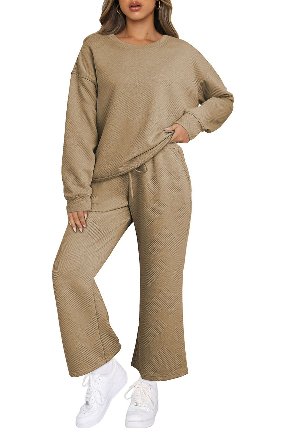 Dark Khaki Textured Loose Slouchy Long Sleeve Top and Pants Set