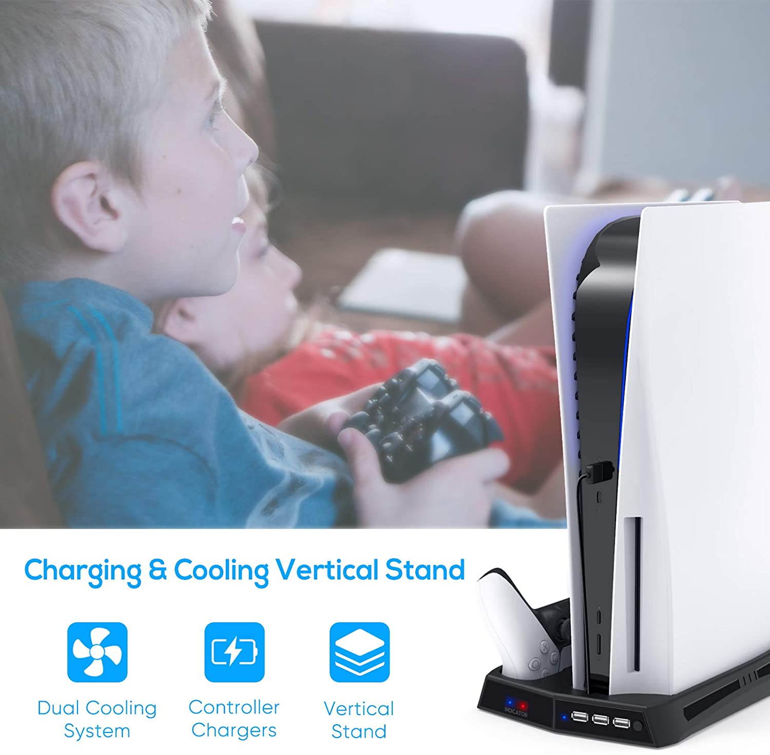 PS5 Vertical Stand Cooling Fan, Playstation 5 Accessories Controller Charge Station with Dual Controllers 3 Ports Charger Dock, Compatible with PS5 UHD and PS5 Digital Edition