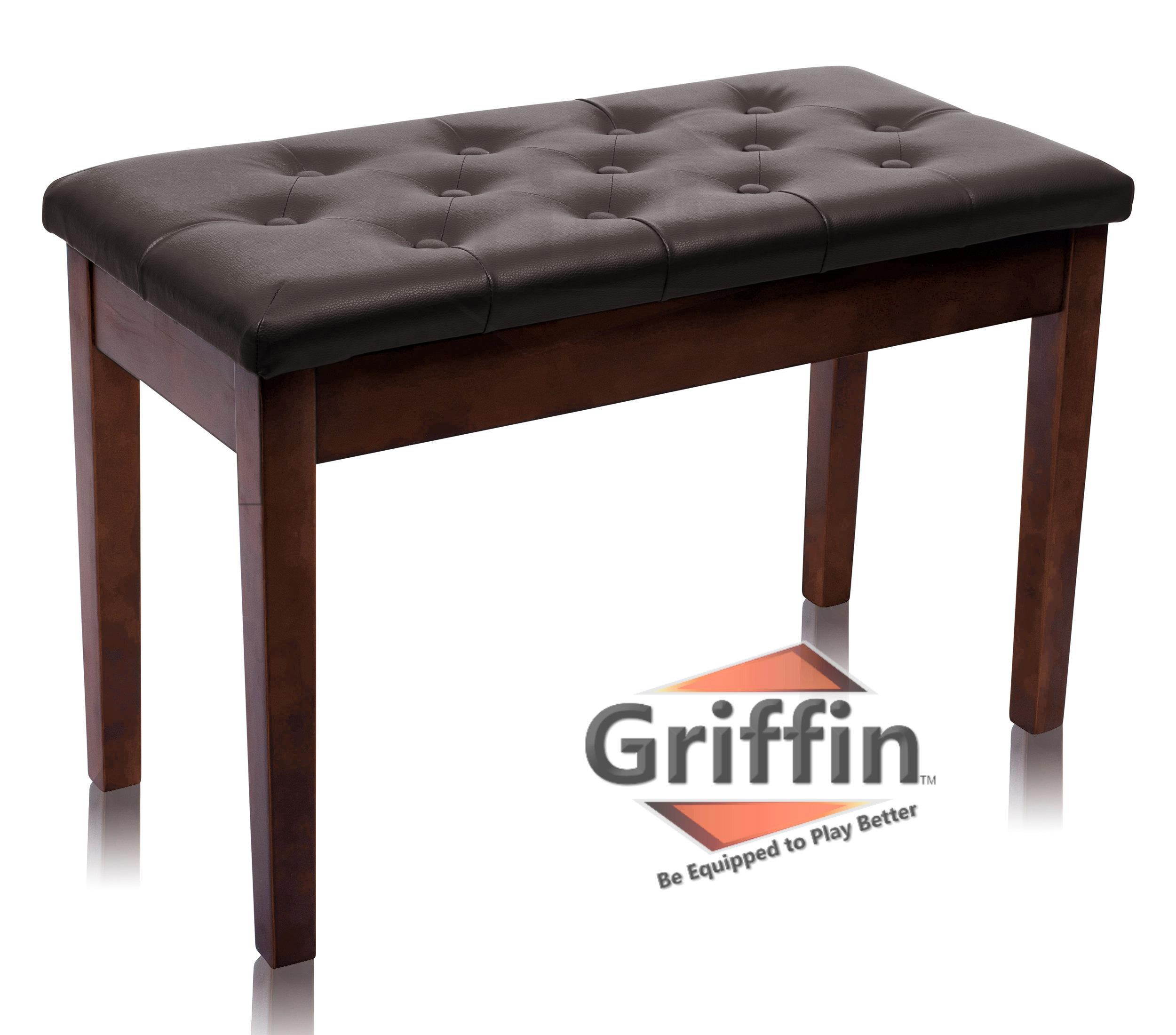GRIFFIN Brown Wood PU Leather Piano Bench | Double Vintage Design, Ergonomic Chair Musicians Keyboard Stool | Cushion Duet Seat & Sheet Music Storage Space | For Guitar Stool or Home Vanity Bench