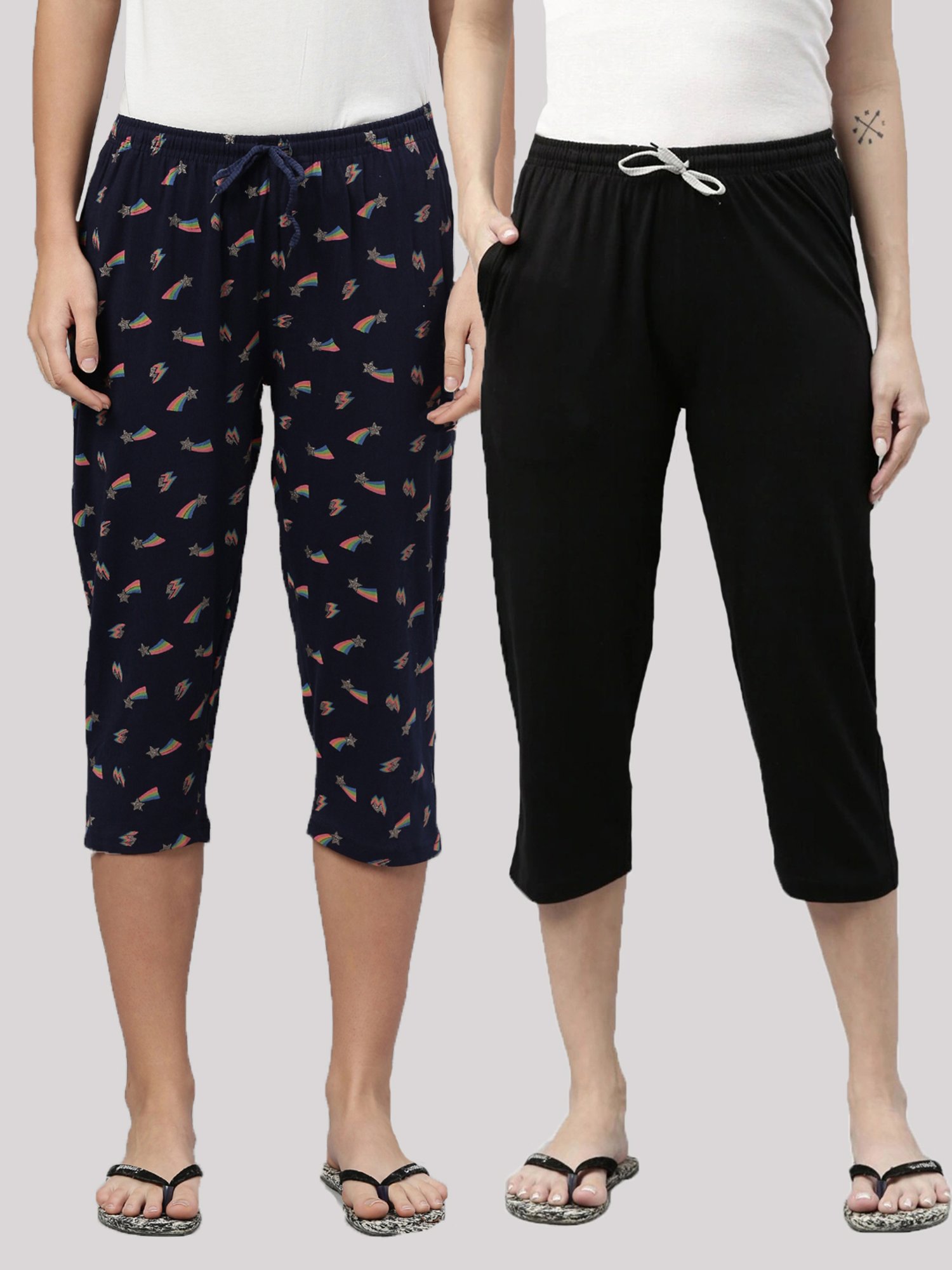 Kryptic Black & Navy Cotton Printed Mid Rise Capris (Pack Of 2)