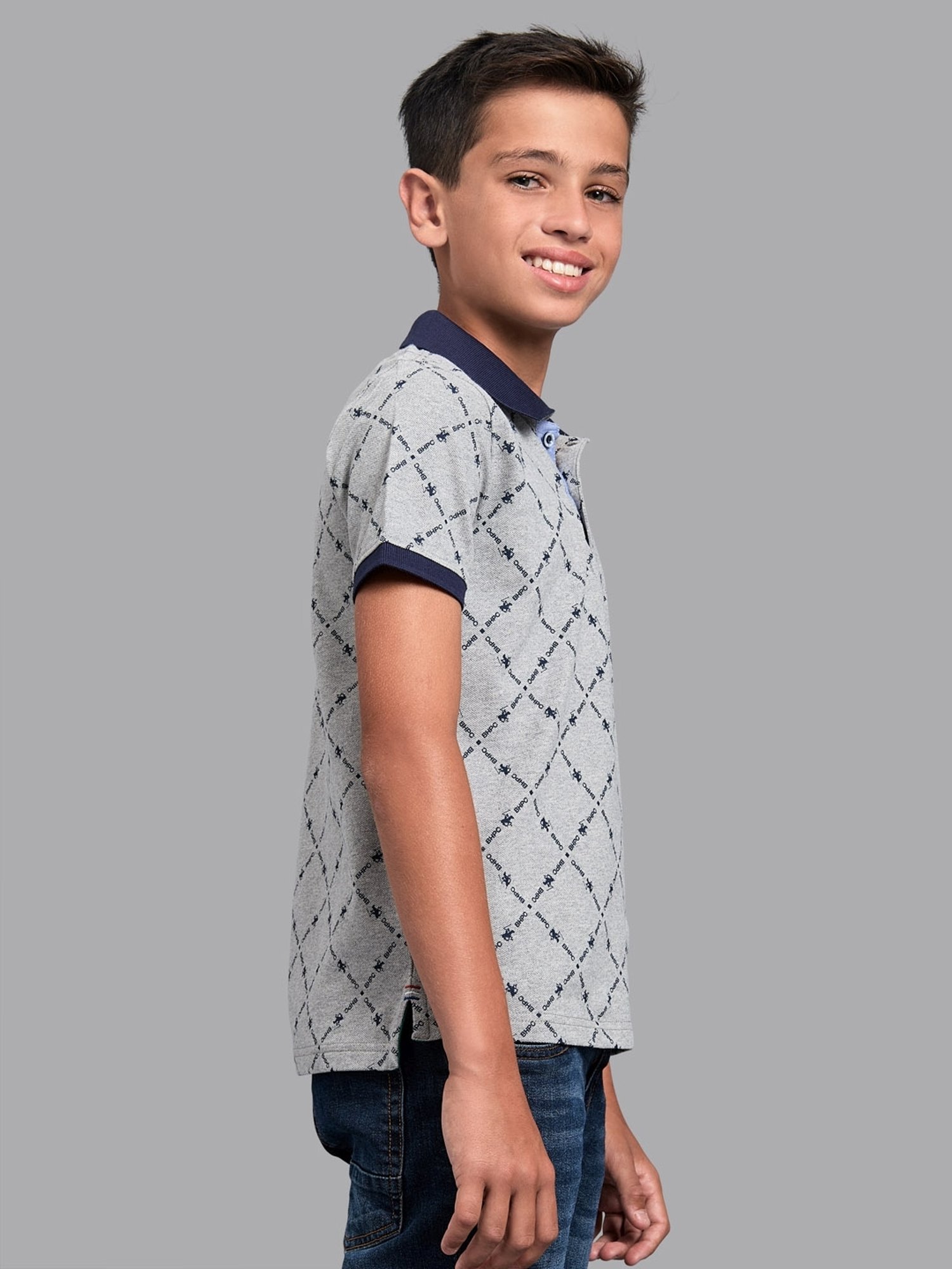 Beverly Hills Polo Club Kids Grey Cotton Printed Polo T-Shirt