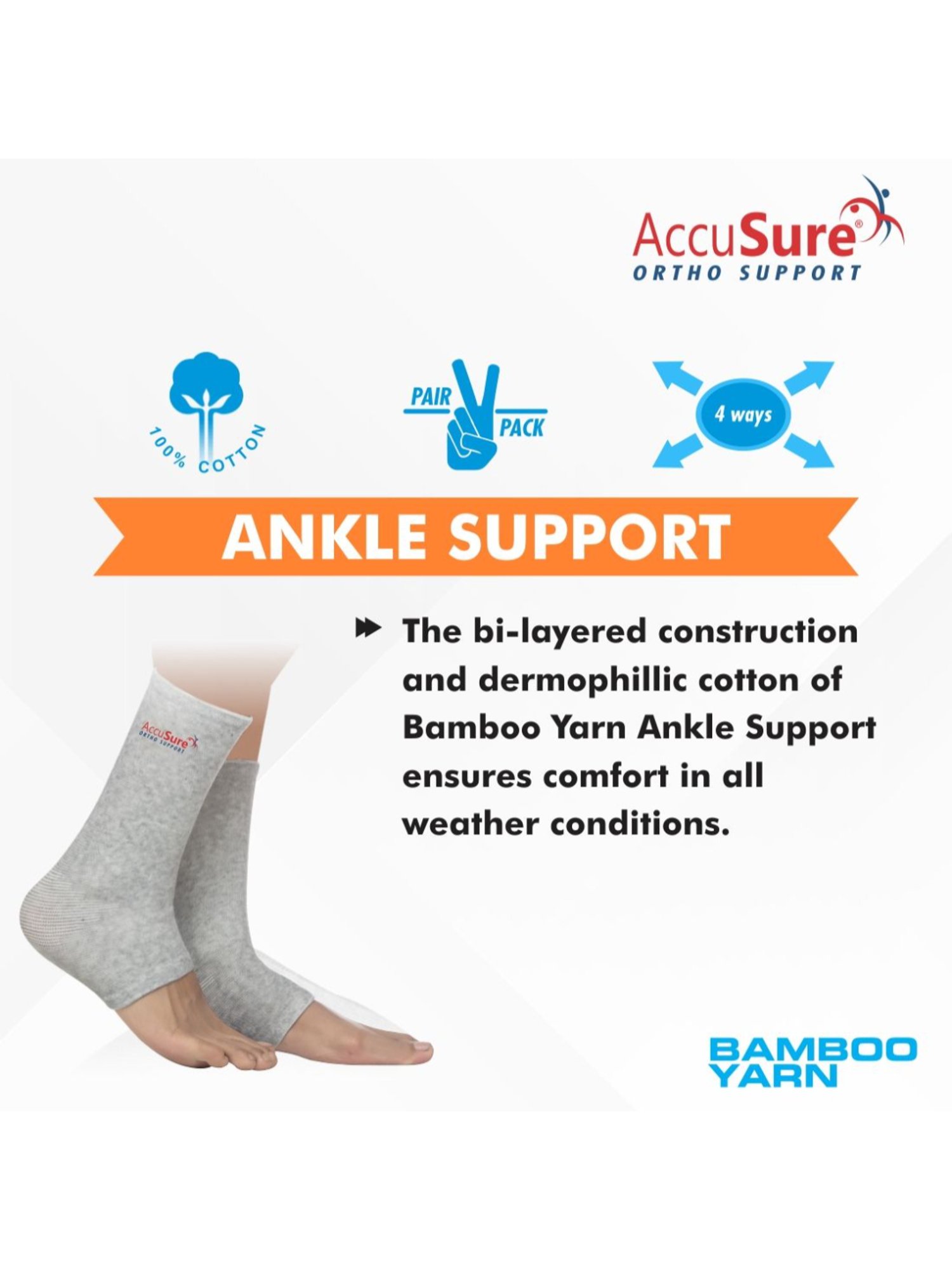 AccuSure Bamboo Yarn 4 Way Stretchable Bi-Layered Construction Ankle Support (Pair - M)