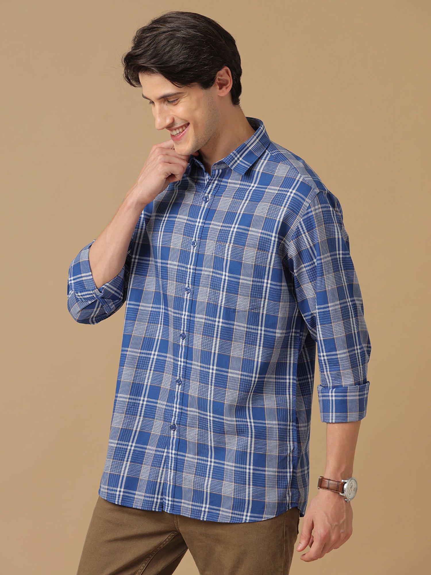 CAVALLO by Linen Club Blue Contemporary Fit Check Shirt