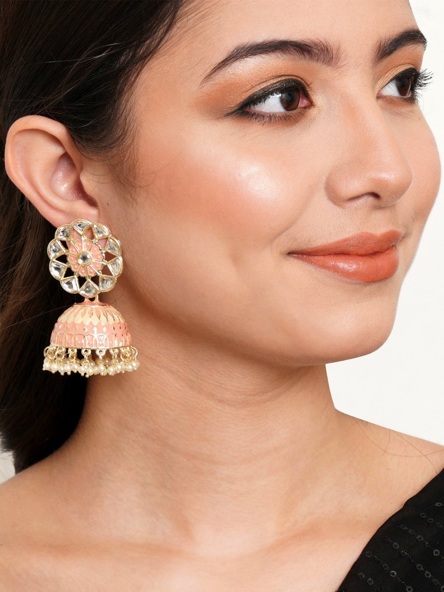 Karatcart Gold-Plated Baby Pink & Cream Meenakari Kundan Studded Floral Jhumki Earrings for Women