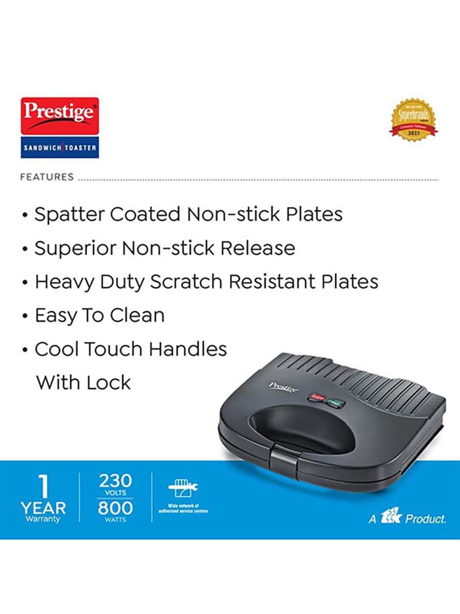 Borosil Sandwich Maker 700W Non Stick Coating (Black)