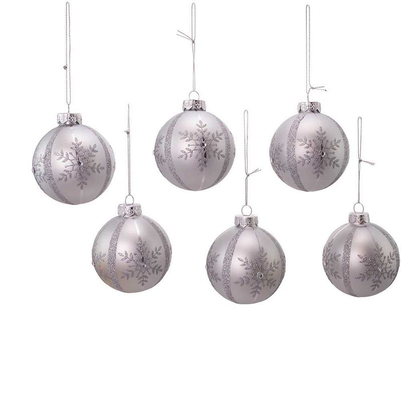 Kurt Adler 80MM Silver Snowflake Glass Ball Ornaments, 6-Piece Set