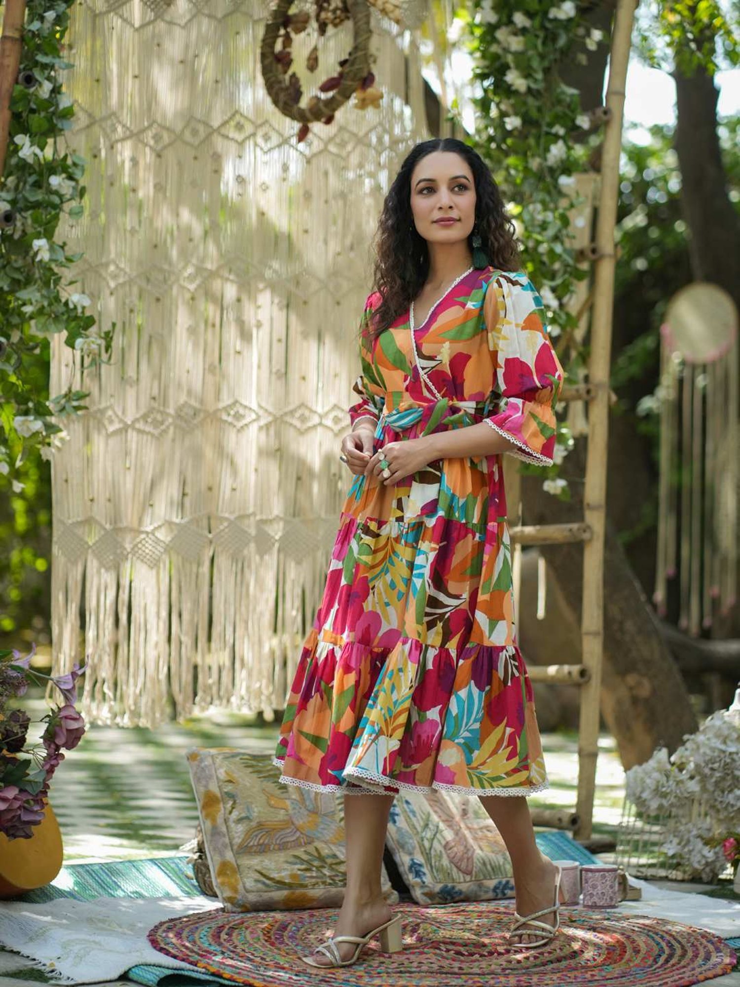 Rain and Rainbow Multicolored Cotton Floral Print A-Line Dress