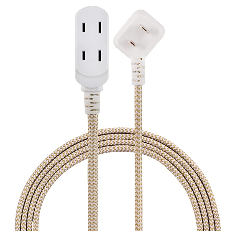 Designer 3-Outlet Extension Cord, 8 Ft Braided Cable, 2-Prong Power Strip, Slide-to-Lock Safety, Low-Profile Flat Plug, Polarized, ETL Listed, White/Tan, 41891-T1