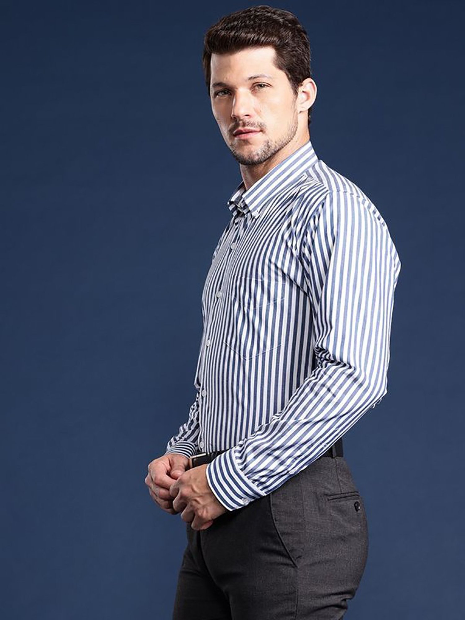 Hancock Blue Cotton Slim Fit Stripes Shirts