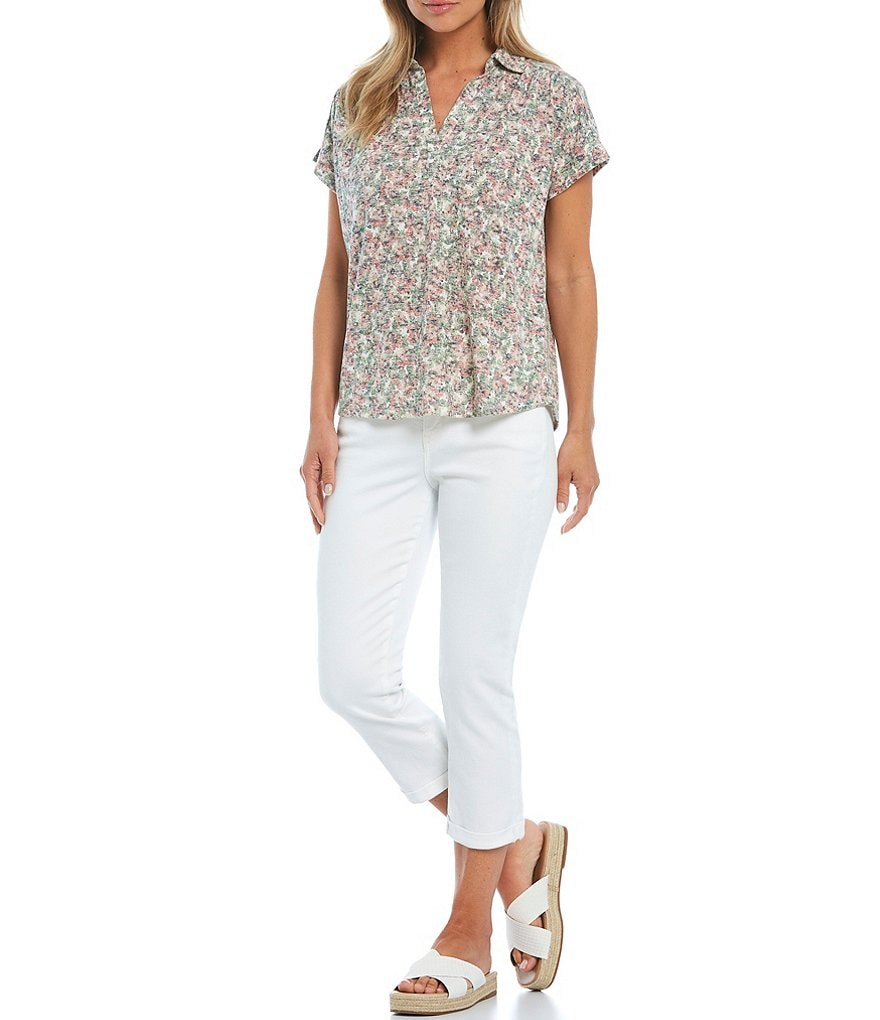 Bobeau Pink Floral Print Point Collar Short Cuffed Dolman Sleeve Top