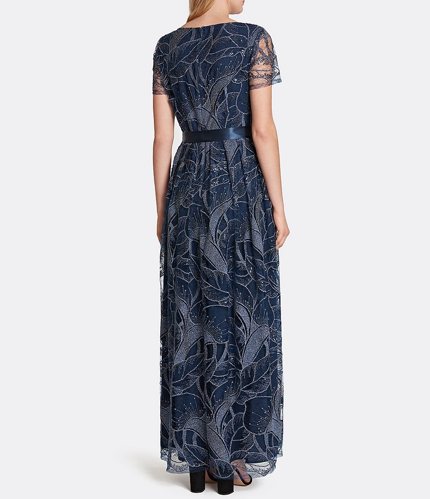Tahari ASL Embroidered Jewel Neck Lace Knit Gown
