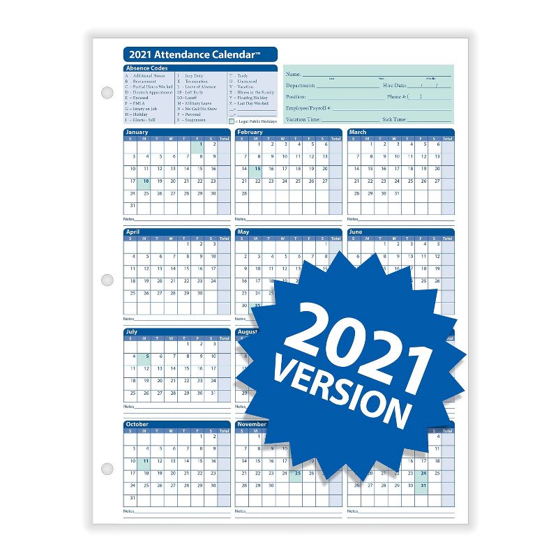 ComplyRight 2021 Attendance Calendar Card, White, Pack of 50 (A4000W50) 