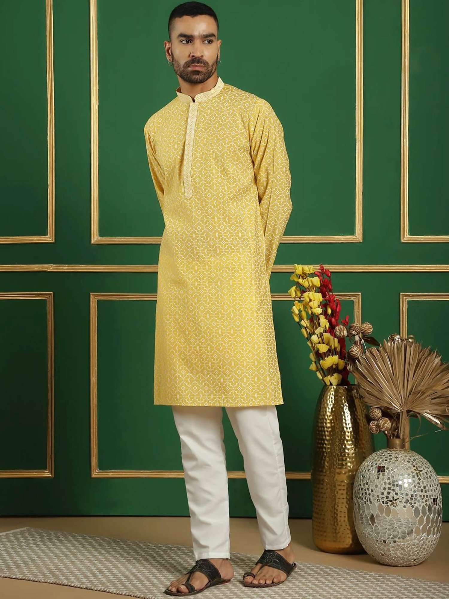 Jompers Yellow & White Regular Fit Printed Kurta Bottom Set
