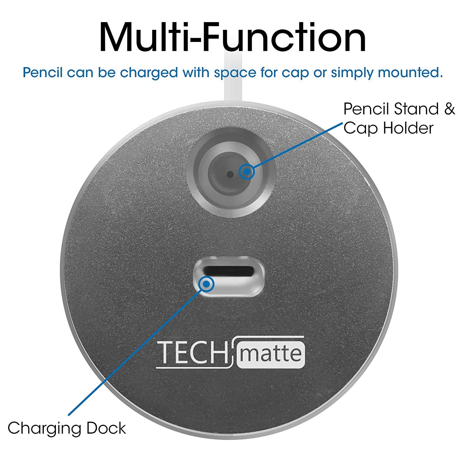 TechMatte Charging Stand for Apple Pencil - Premium Aluminum Charging Dock with Built-in Charging Cable (5feet)