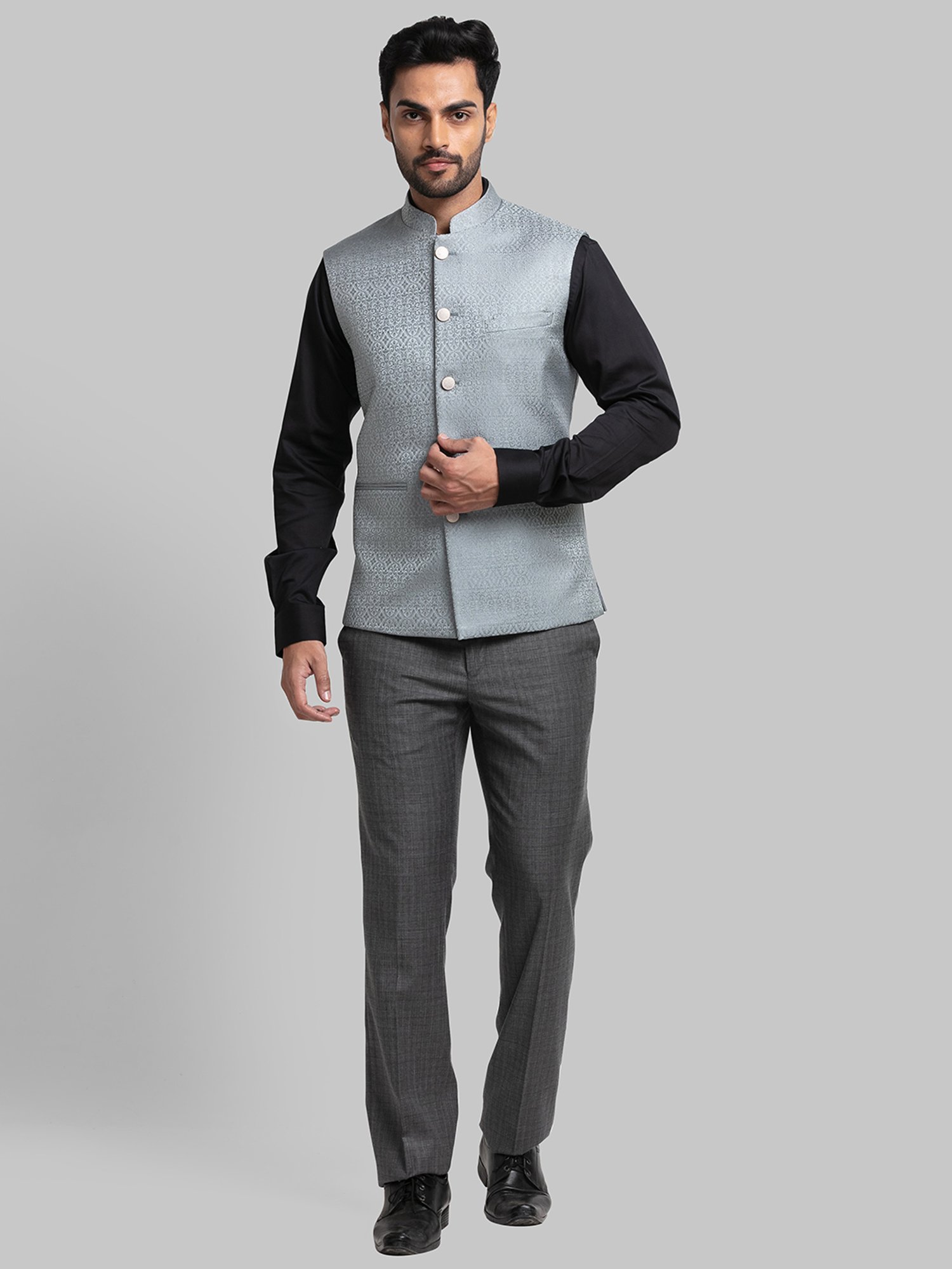 Raymond Grey Regular Fit Embroidered Nehru Jacket