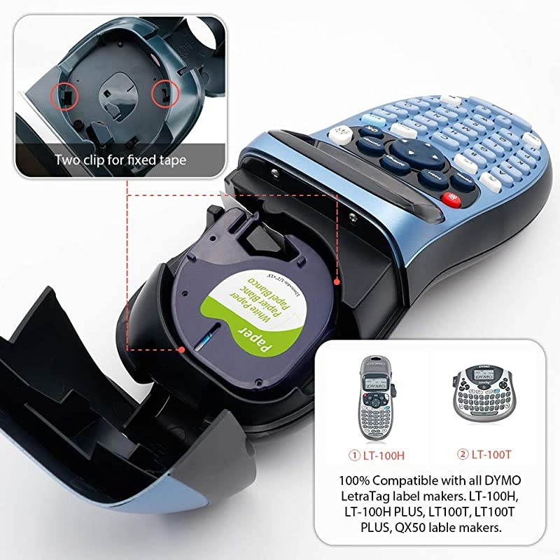 Compatible Tape Replacement for DYMO LetraTag White Paper Refill 91330 10697 12quot x 13 12mm x 4m Black on White Maker Tape for dymo Letra Tag LT100H Plus Printer 5Pack