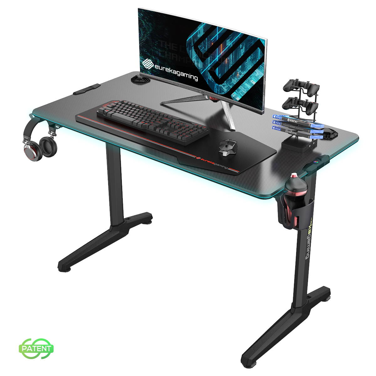 Eureka Ergonomic Gaming Computer Desk 44" Home Office Gaming PC Tables New Polygon Legs Design with RGB LED Lights, Colonel Series GIP-44B, Black