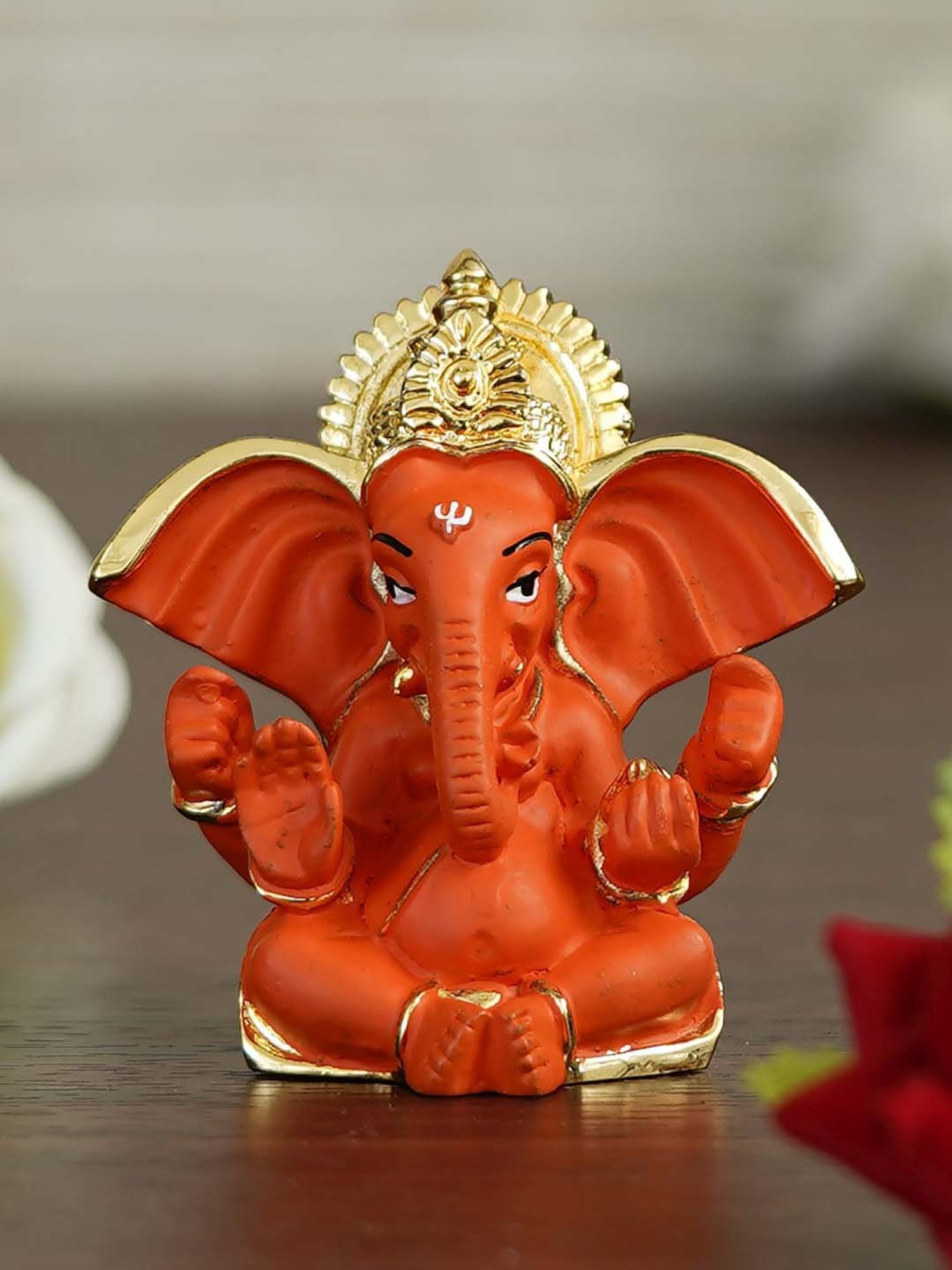 eCraftIndia Gold Plated Orange Siddhivinayak Ganesha Idol for Home/Temple/Office/Car Dashboard