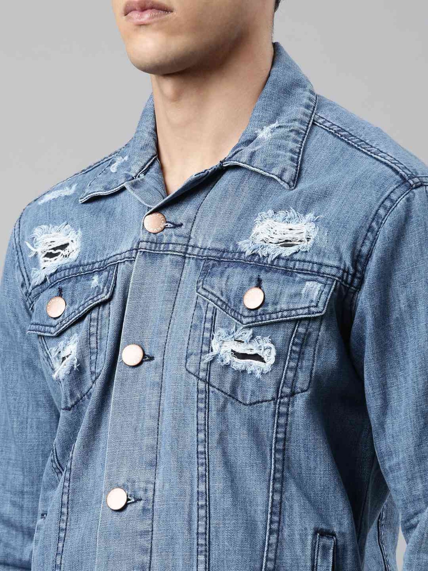 CINOCCI Blue Cotton Slim Fit Distressed Denim Jacket