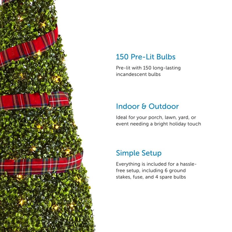 NOMA Pre Lit Incandescent Light Up Winter Green Garden Cone Trees Outdoor Decorations with Red Ribbon Details and Yard Stakes, Set of 2