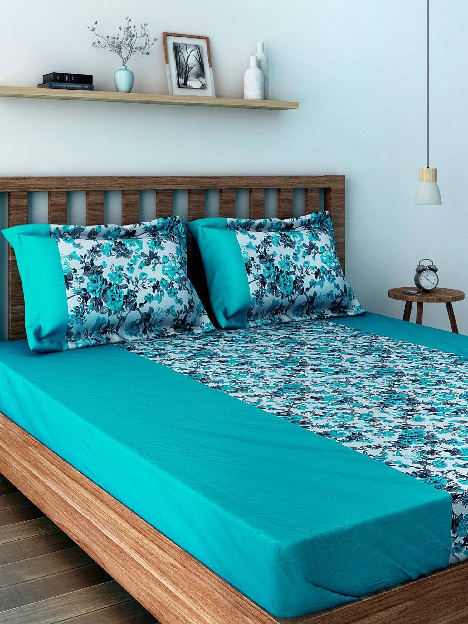 Swayam Blue & White Cotton 200 TC, 1 Double Bedsheet With 2 Pillow Cover