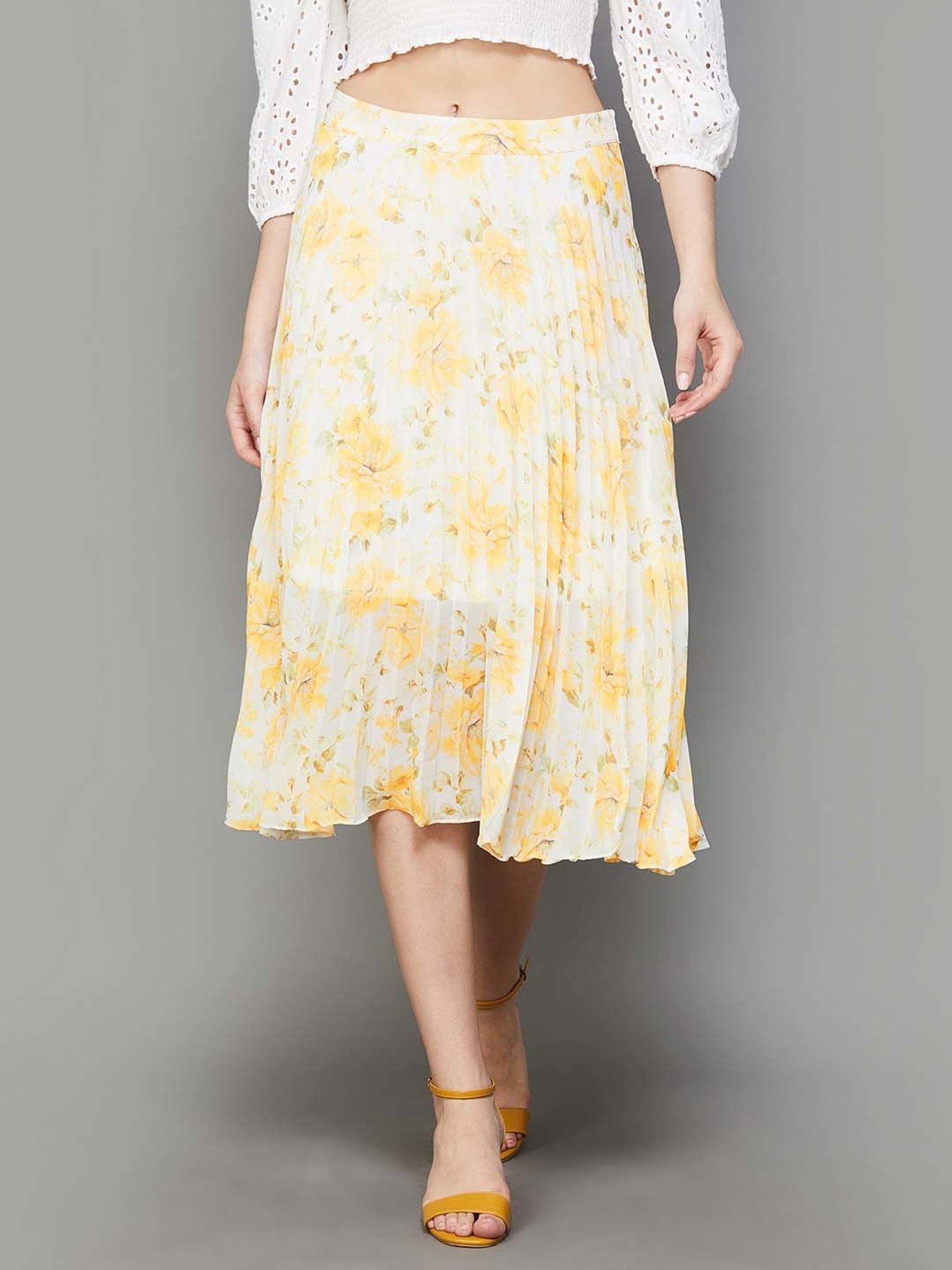 Code by Lifestyle Yellow Printed A-Line Skirt