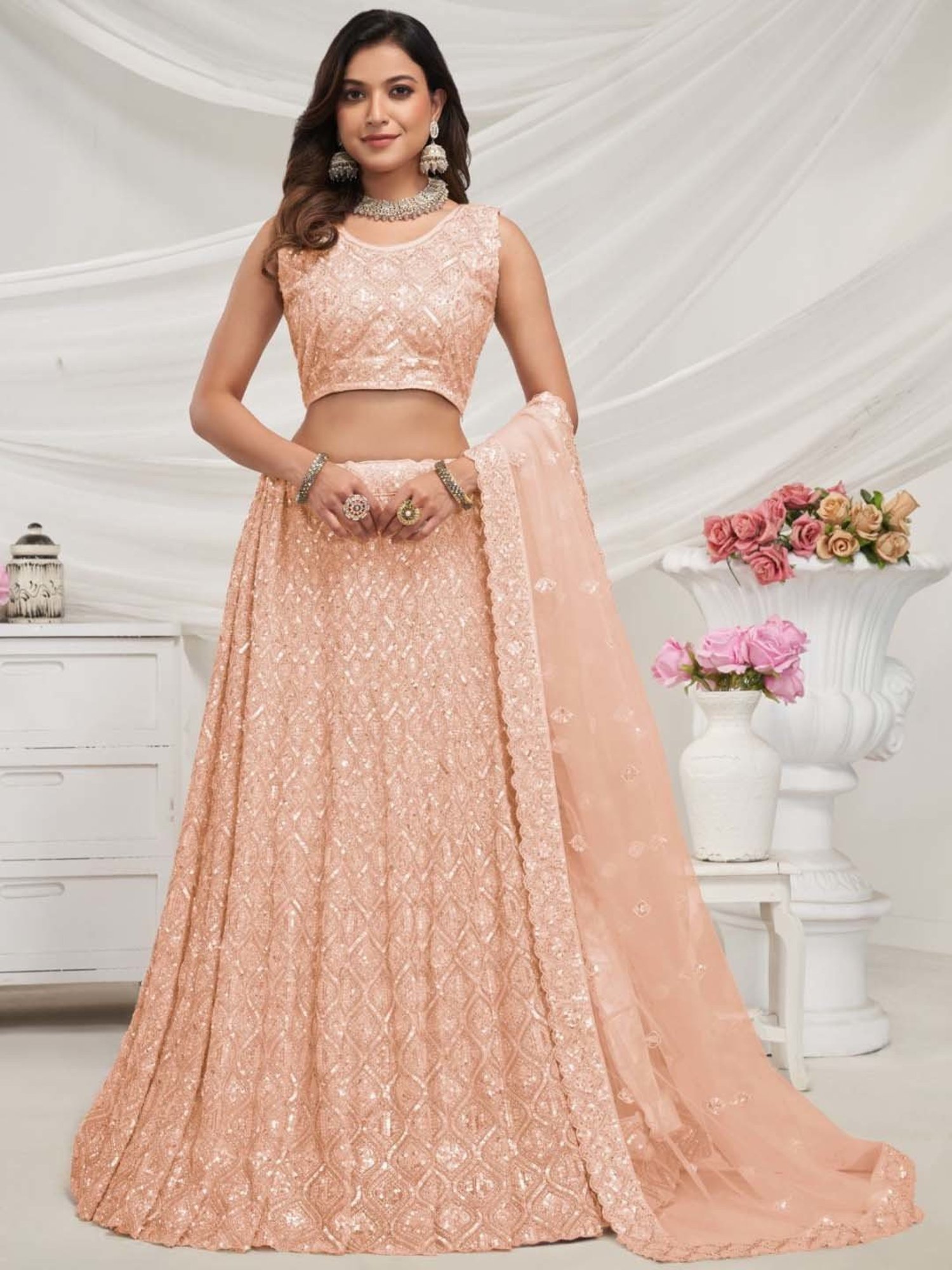 Odette Peach Embroidered Lehenga Choli Set With Dupatta