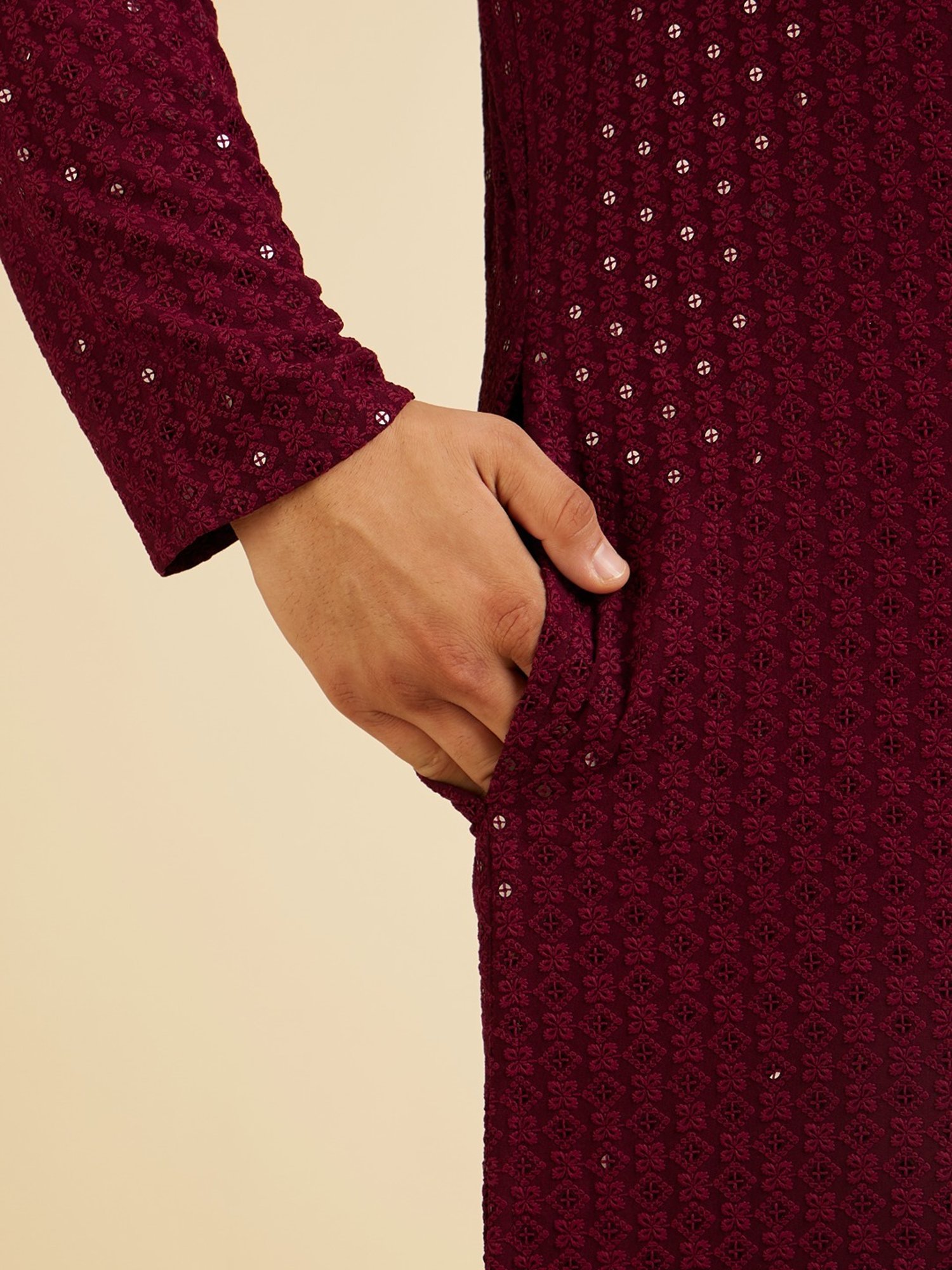 Manyavar Maroon Regular Fit Embroidered Plus Size Kurta and Pyjama Set