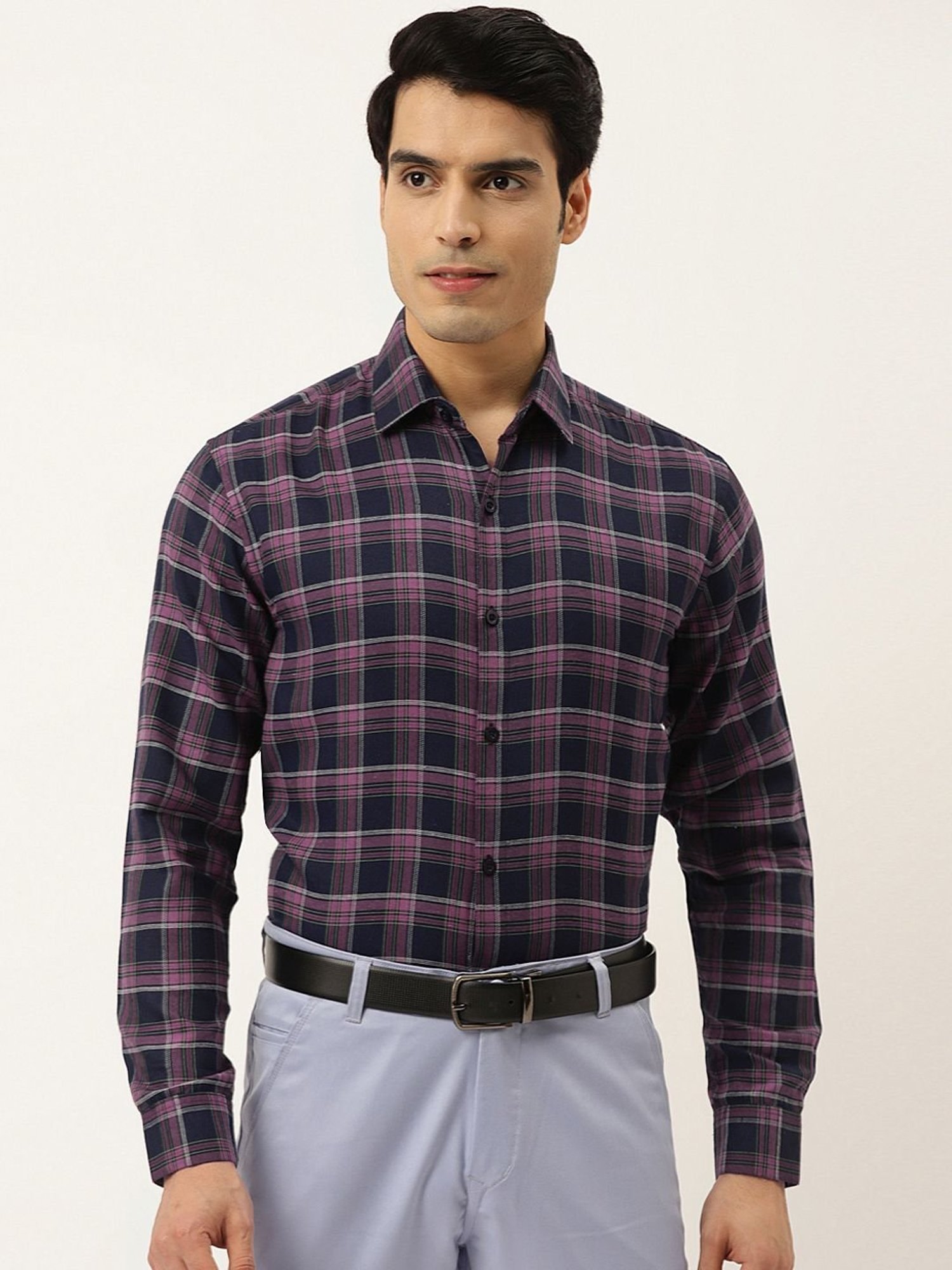 Jainish Navy & Pink Cotton Regular Fit Checks Shirt
