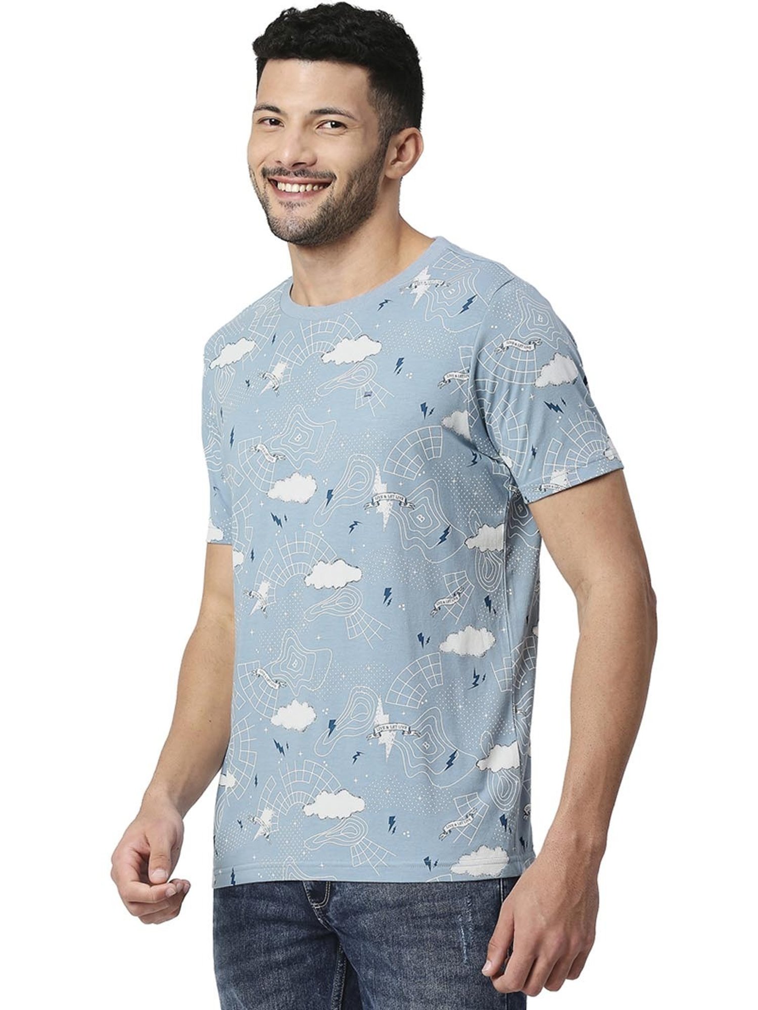 Basics Mid Blue  Slim Fit Printed T-Shirt