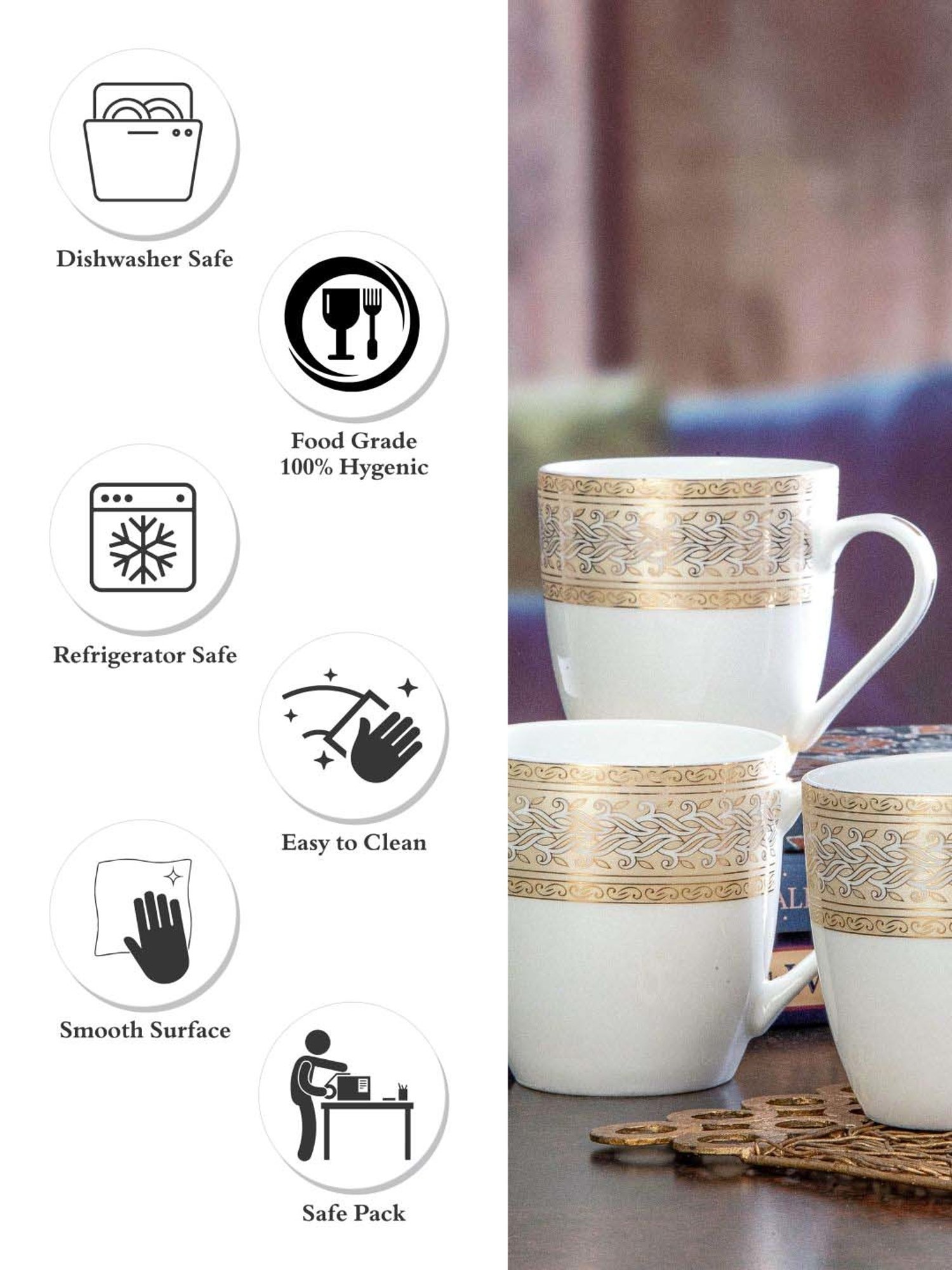 SONAKI White & Golden Bone China Coffee Mug (0.17 L) - Set of 6