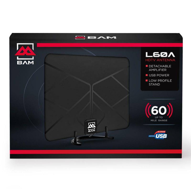 BAM 60-Mile Digital HD TV Antenna - Indoor OTA (Over the Air) VHF / UHF Amplified HDTV Receiver