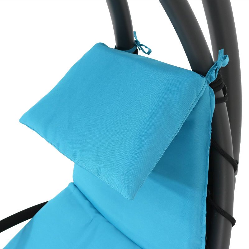 Sunnydaze Outdoor Hanging Chaise Floating Lounge Chair with Canopy Umbrella and Stand, Teal, 2pk