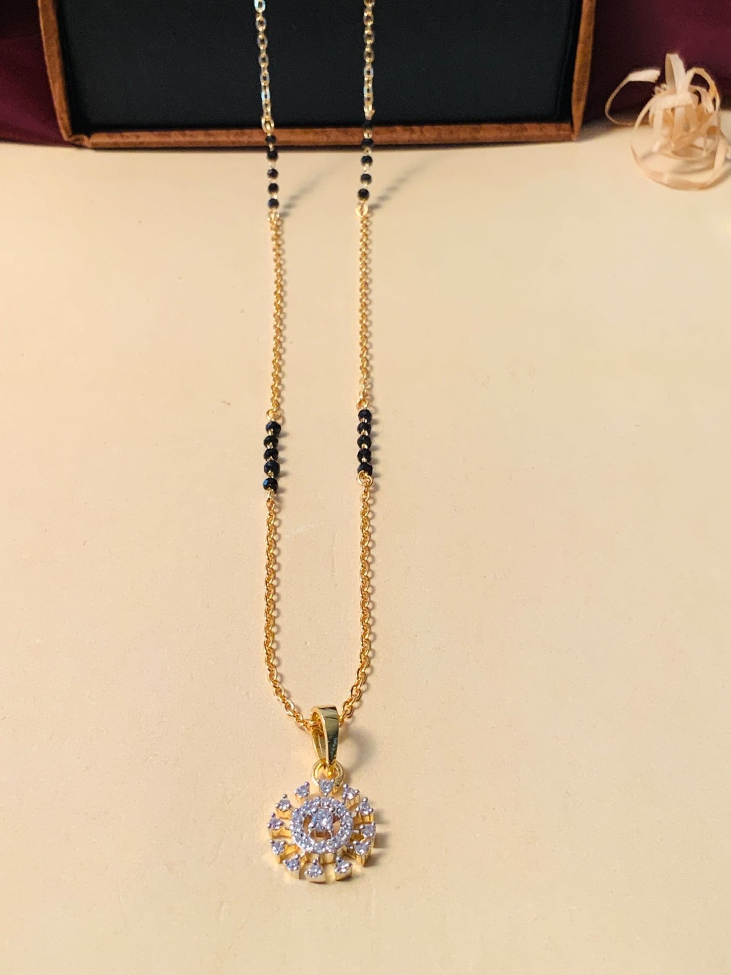 Abdesigns Gold-Plated American Diamond & Black Beaded Mangalsutra