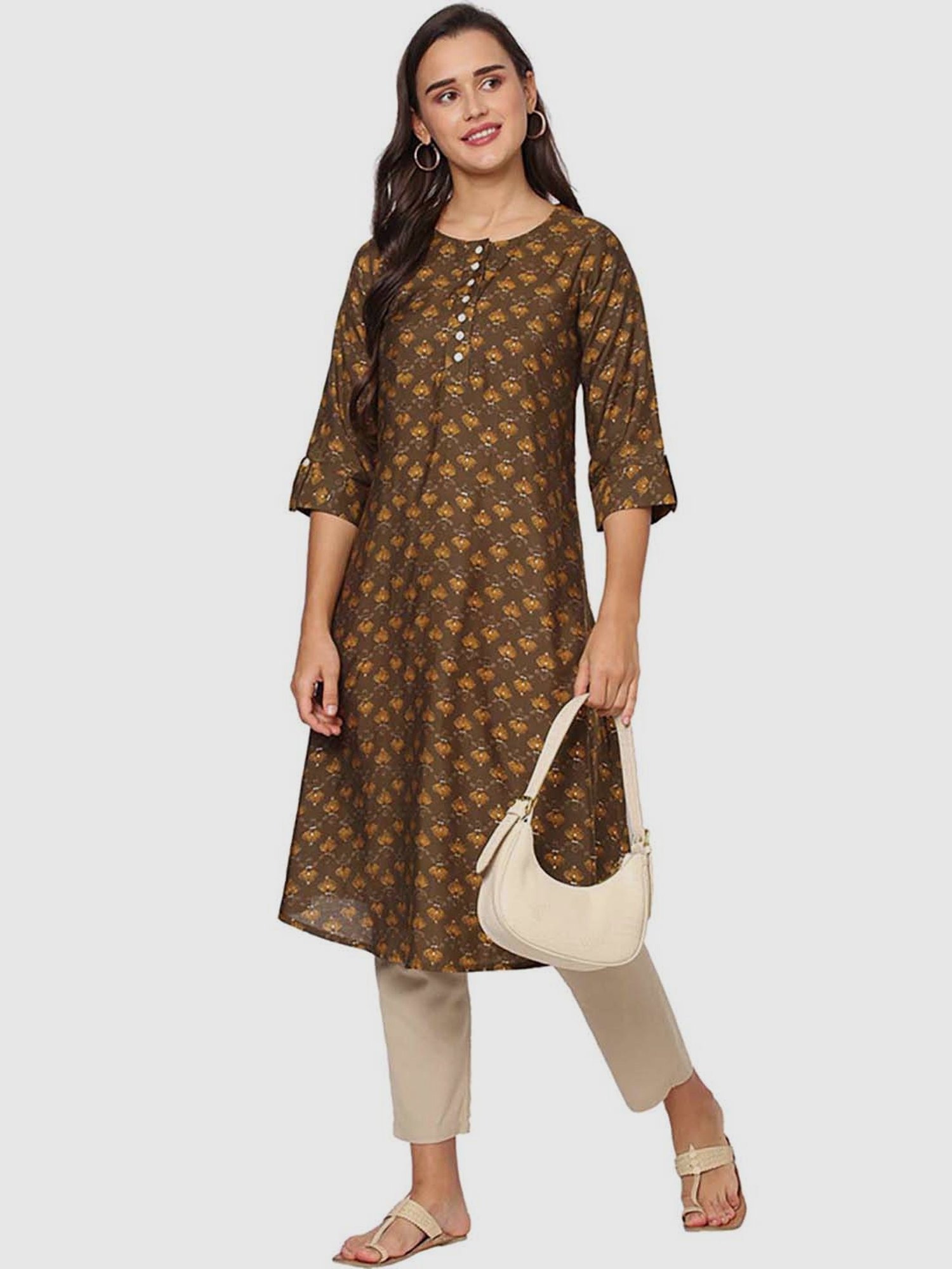 Fusion Beats Brown Printed A Line Kurta