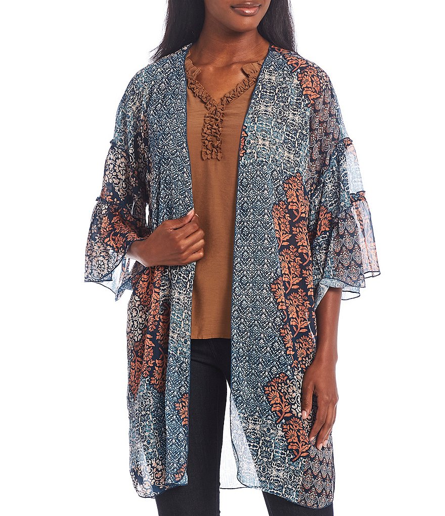 Democracy Geometric Patchwork Print 3/4 Ruffle Sleeve Open-Front Kimono Jacket