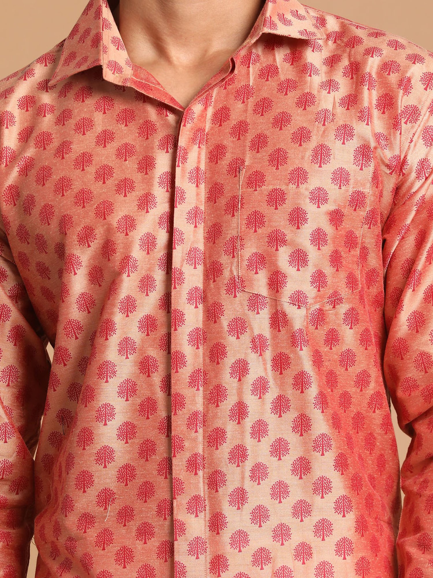 VASTRAMAY Pink & White Regular Fit Printed Shirt & Mundu Set